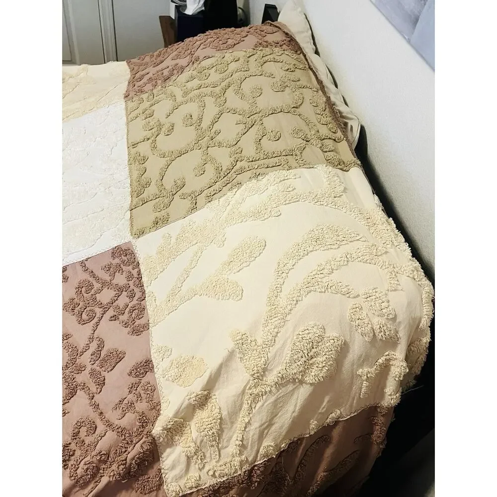 Vintage Mauve Tan Chenille Bedspread King Cream Block coverlet Cottage Grannycor